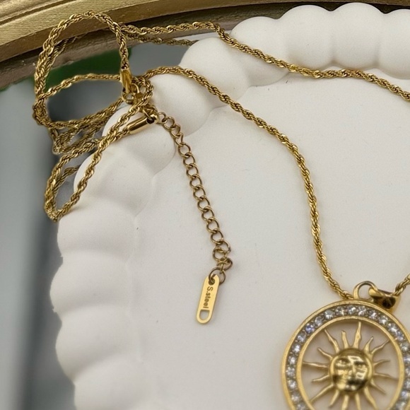 Sun Medallion Pendant Necklace Stainless Steel Gold Plated with Cubic Zirconia - Picture 10 of 10